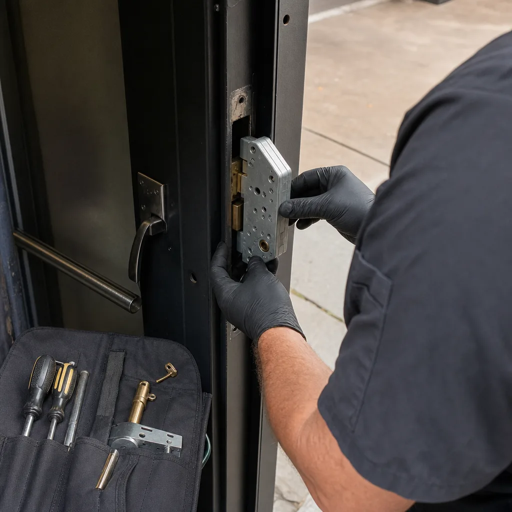 Professional locksmith installing a commercial mortise lock into a door frame