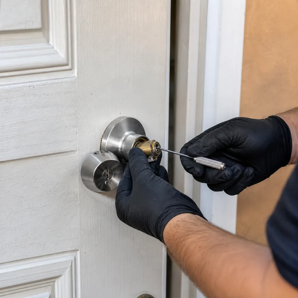 Professional locksmith performing residential lock repair services